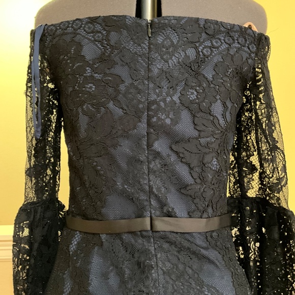 Theia, size 2, navy with black lace overlay, off the shoulder, bell sleeves - Picture 3 of 7